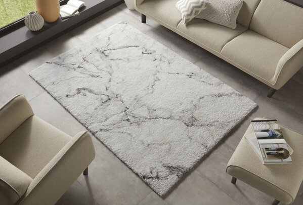 Hoogpolig vloerkleed - Marmer Design - Crème / Grijs