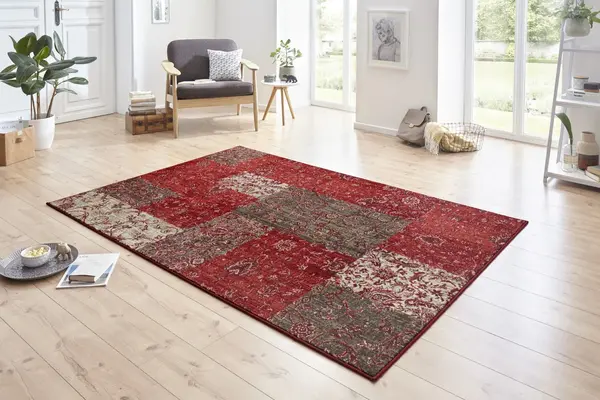 Vintage Patchwork Laagpolig vloerkleed - Kirie - Rood / Bruin