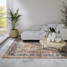Freundin Home Collection - Asya Laagpolig Vintage vloerkleed - Koper / Blauw