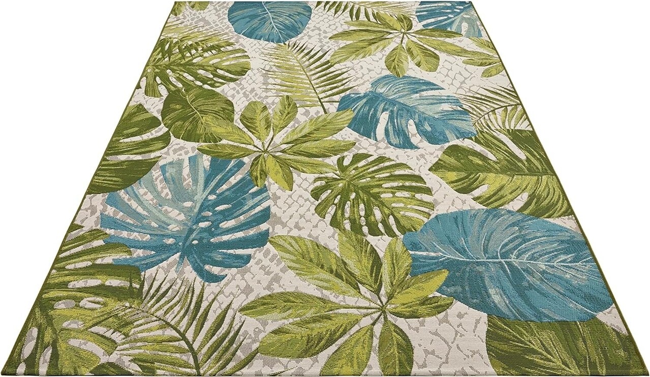Binnen- En Buitenkleed - Tropical Leaves Groen/Blauw