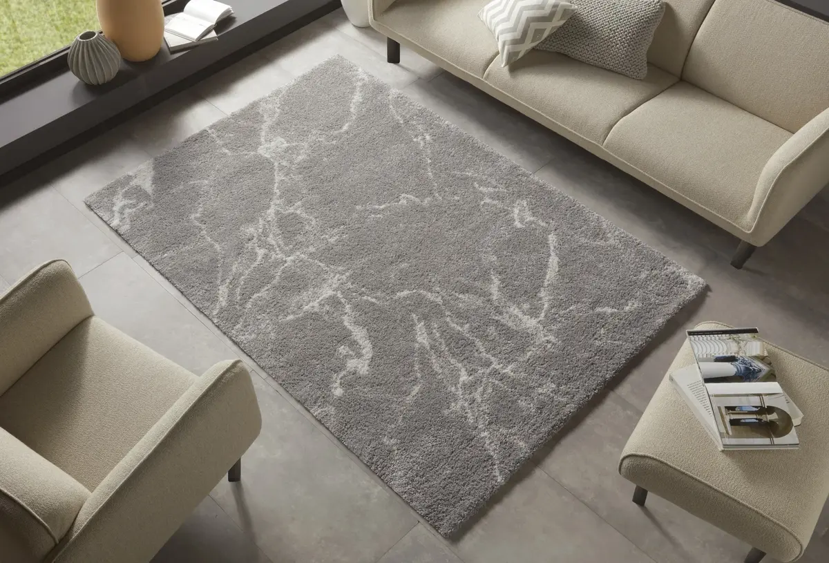 Hoogpolig vloerkleed - Marmer Design - Grijs / Crème