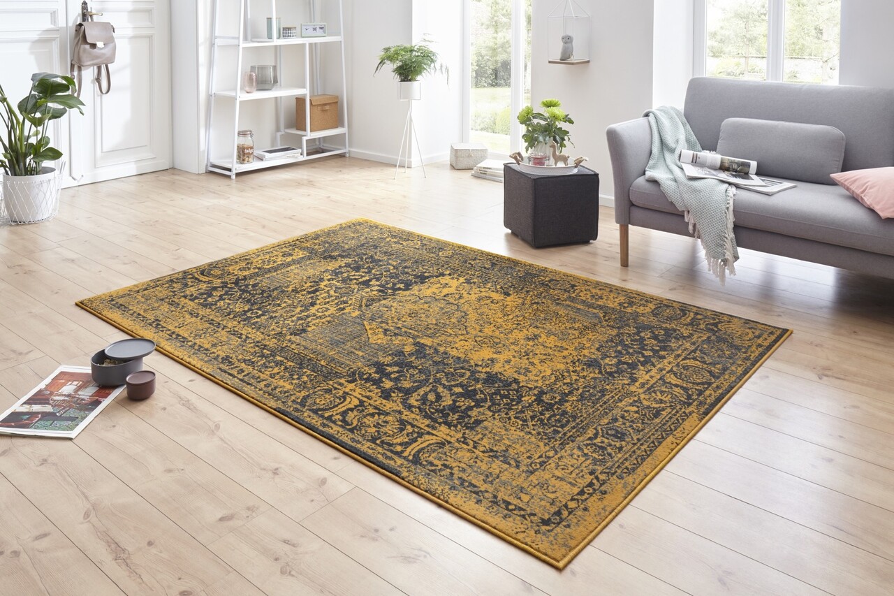 Vintage Laagpolig vloerkleed - Plume - Goud / Grijs