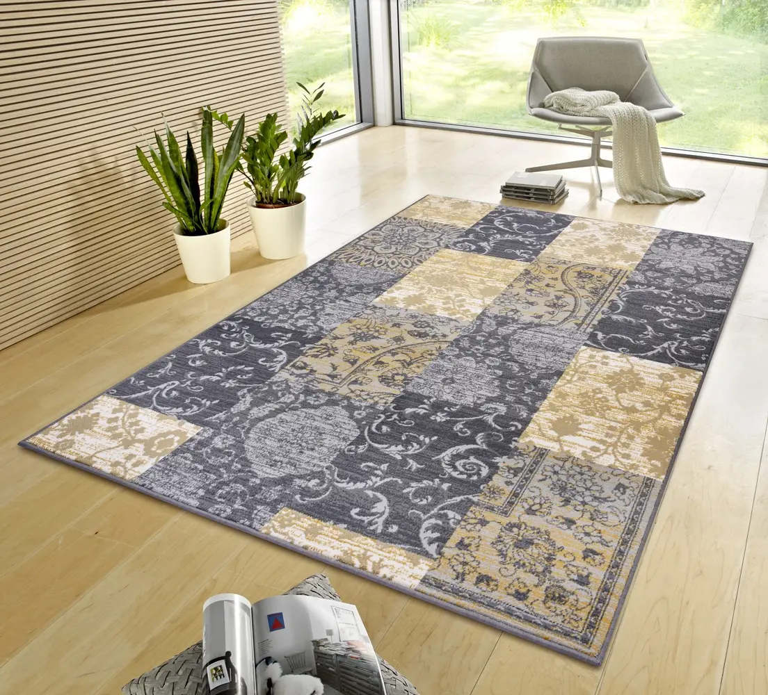 Vintage Patchwork Laagpolig vloerkleed - Gloria - Grijs / Mosterd