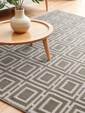 Elle Decoration - Perles laagpolig geblokt vloerkleed - Creme / Grijs