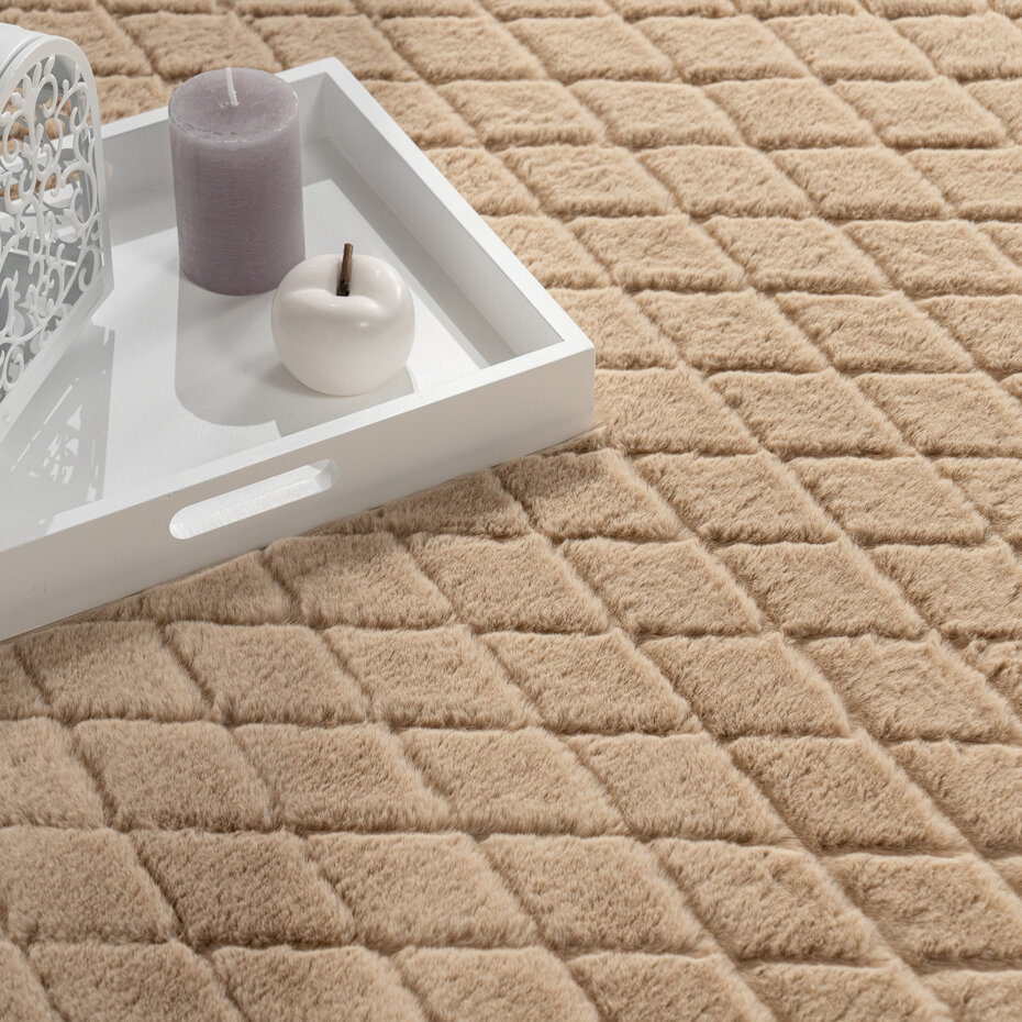Zacht fluffy vloerkleed - Arinzo Geruit Beige