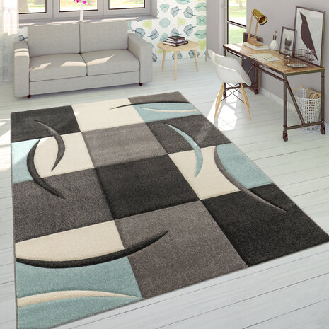 Laagpolig Vloerkleed Lareva - Geblokt Design - Turquoise