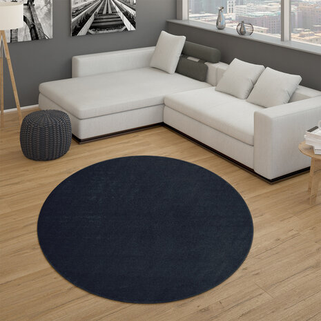 Laagpolig Effen Uni Vloerkleed Porera - Marineblauw