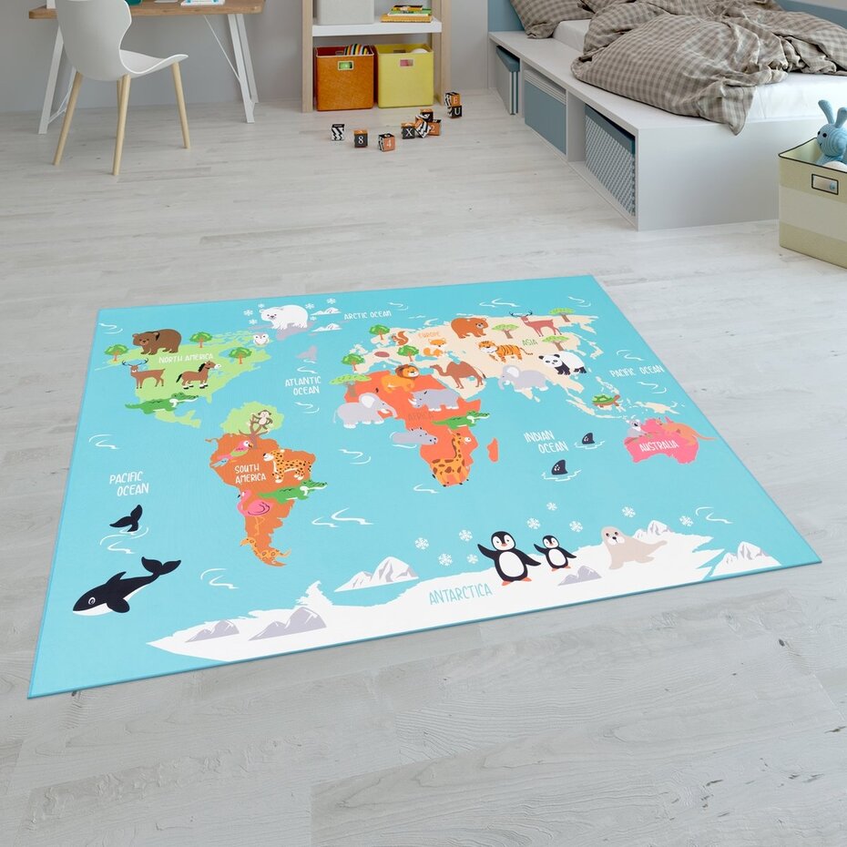 Kindervloerkleed - Binola Wereldkaart Blauw/Kleurrijk