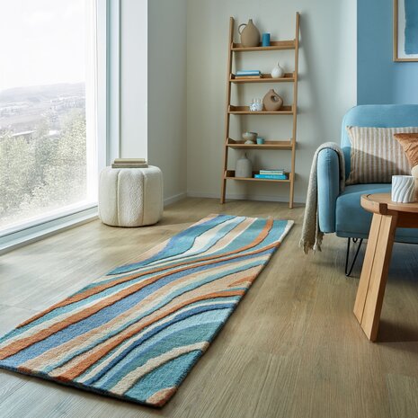 Wollen loper - Flow Abstract Blauw/Terra