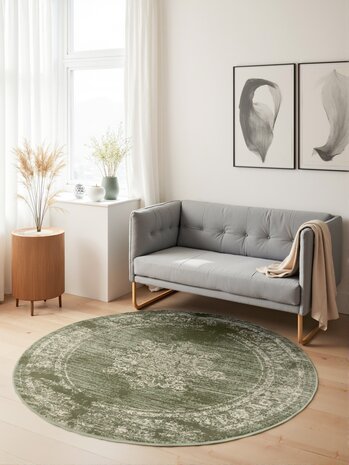 Rond vintage vloerkleed - Lydia Groen/Creme