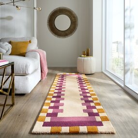 Loper Wollen Vloerkleed Kai - Kader - Lijstmotief - Roze / Geel