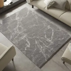 Hoogpolig vloerkleed - Marmer Design - Grijs / Crème - 200 X 290 CM