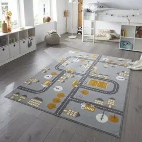 Kindervloerkleed - Adventures Stad Design Grijs/Geel - 120 X 170 CM