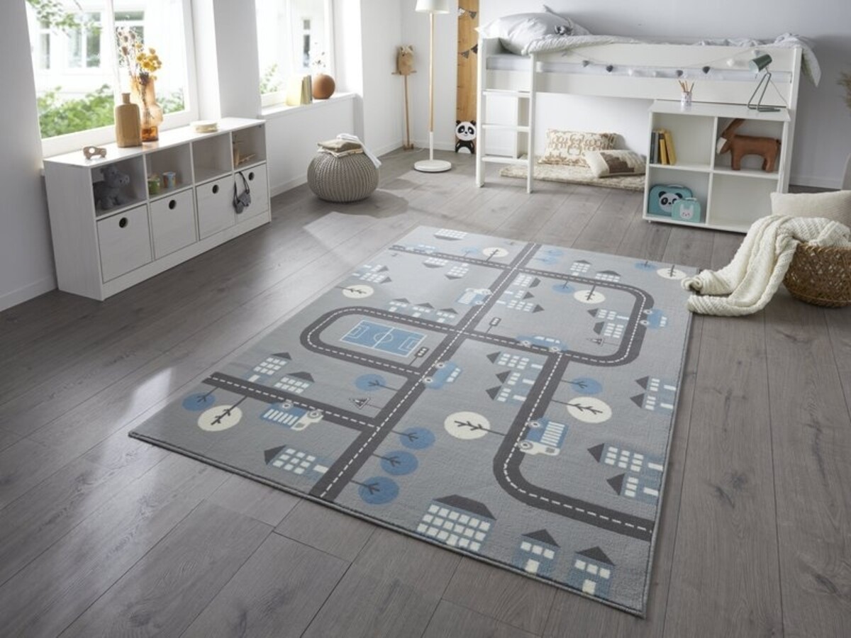 Kindervloerkleed - Adventures Stad Design Grijs/Blauw - 120 X 170 CM