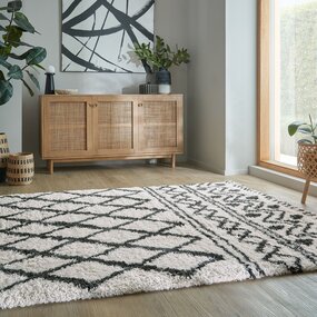 Hoogpolig Vloerkleed - Souq lines Crème/Antraciet