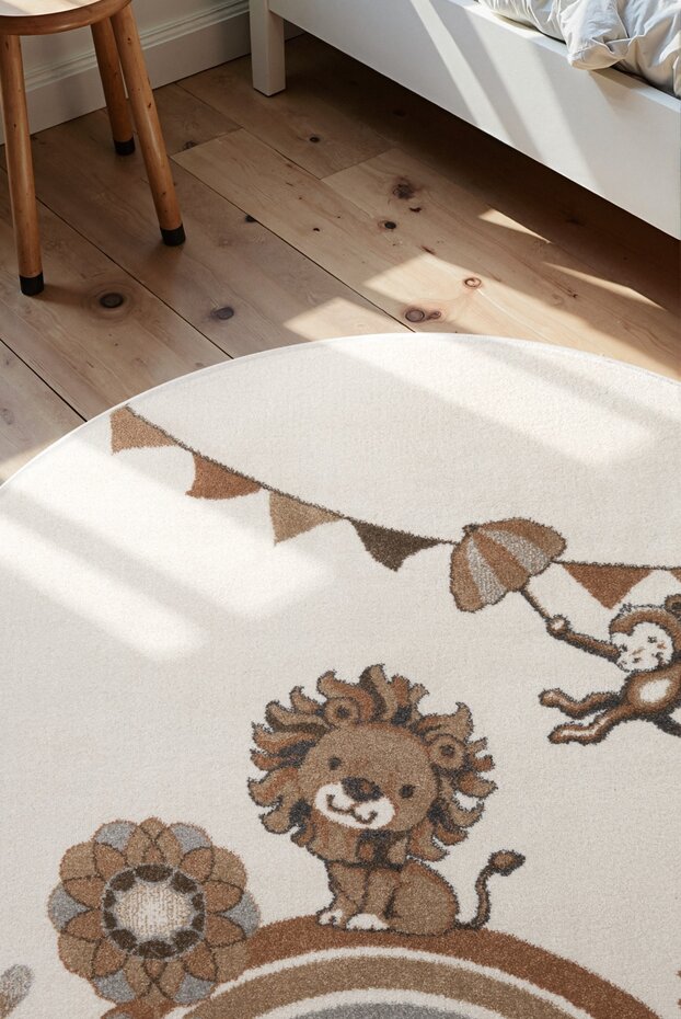 Rond kindervloerkleed - Lion Party Crème/Multicolor Rond kindervloerkleed - Lion Party Crème/Multicolor