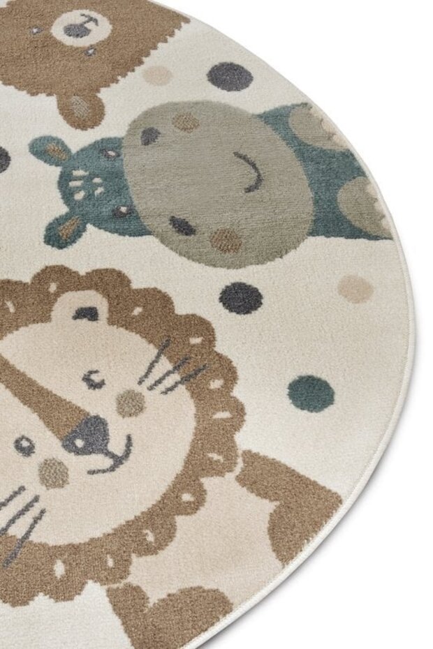 Rond Kindervloerkleed - Dieren Adventures Crème/ Bruin/Blauw - Ã˜ 140 CM