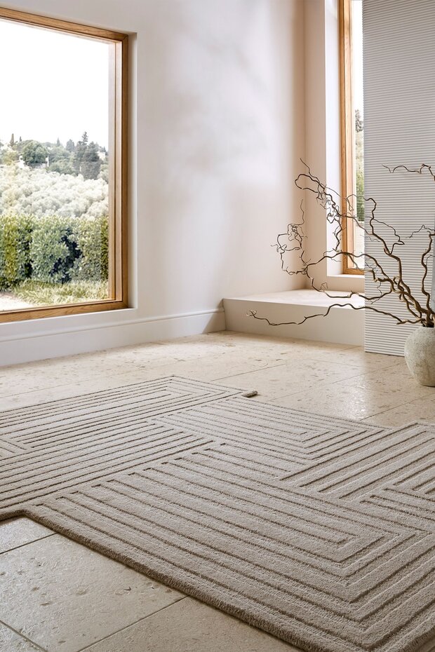 Wollen geometrisch vloerkleed - Zec Rectangles Beige/Naturel