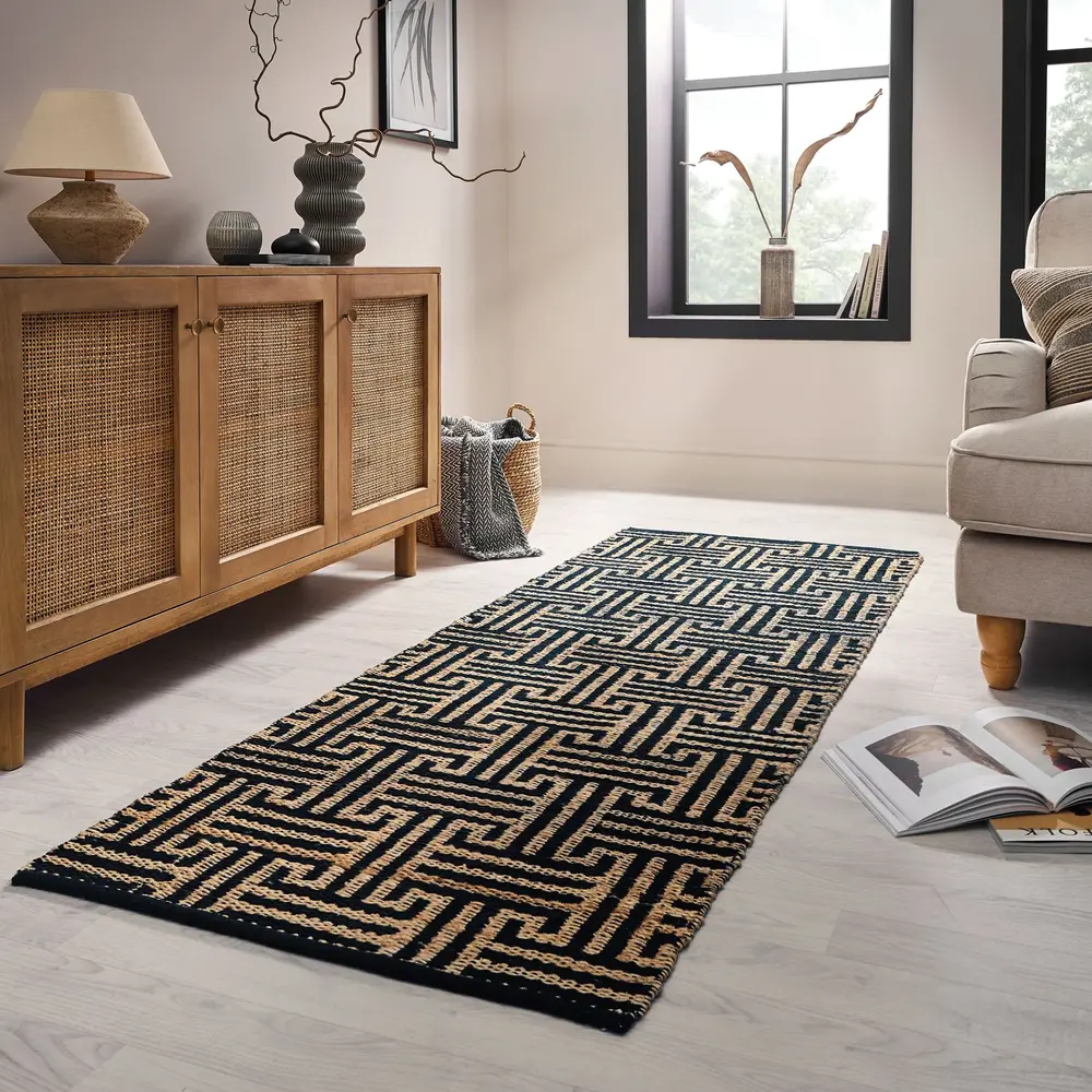 Jute loper - Meander Naturel/Zwart