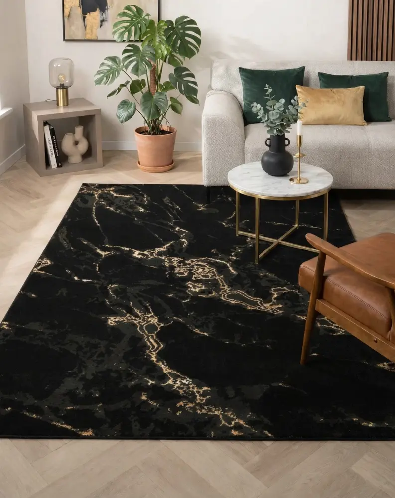 Laagpolig marmer vloerkleed - Marble Zwart/Goud