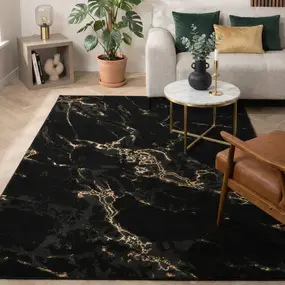 Laagpolig marmer vloerkleed - Marble Zwart/Goud