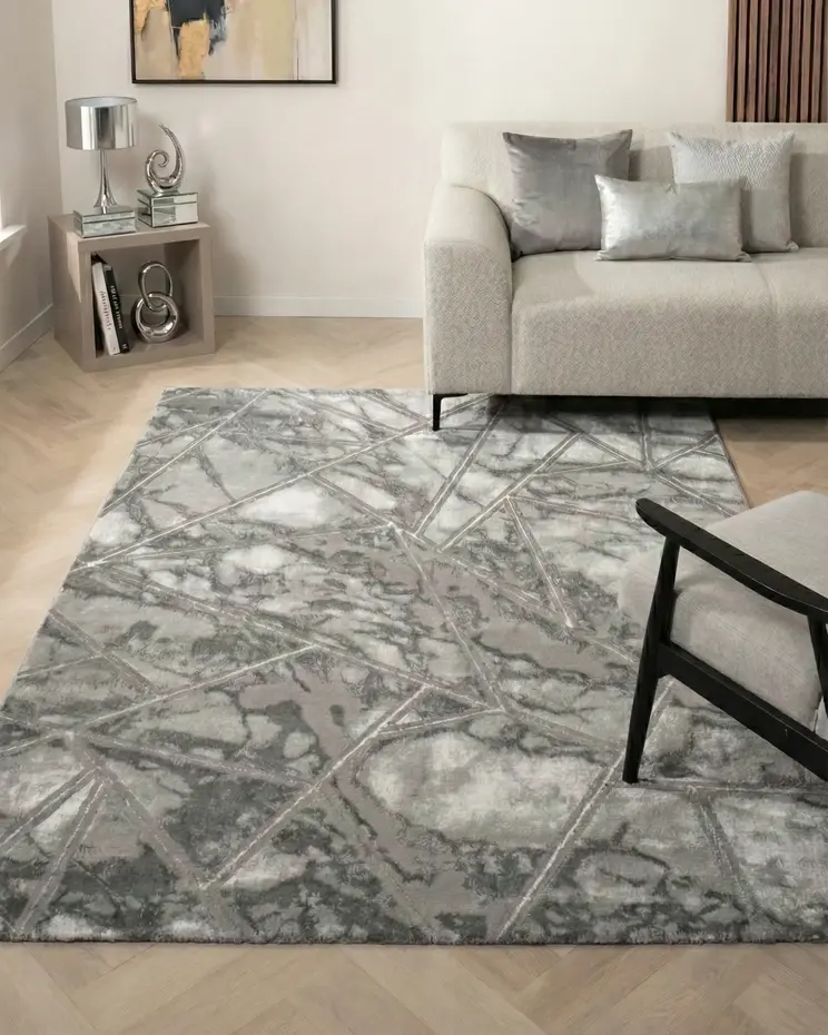 Laagpolig marmer vloerkleed - Marble Lines Grijs/Zilver