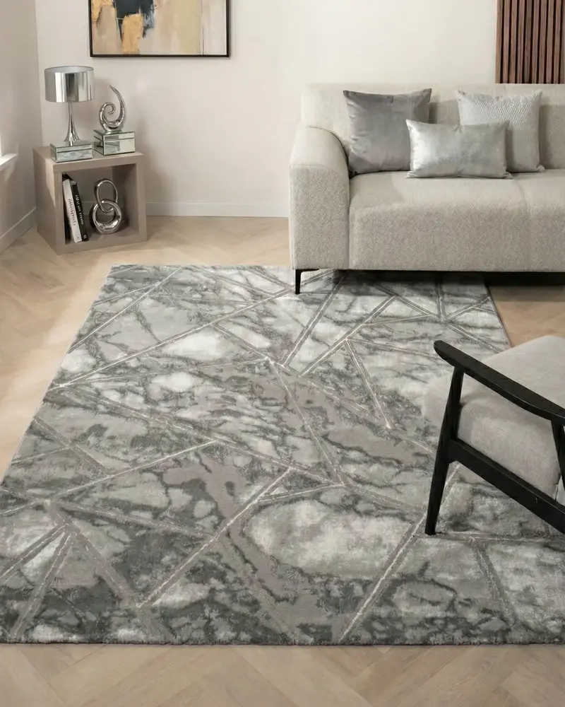 Laagpolig marmer vloerkleed - Marble Lines Grijs/Zilver