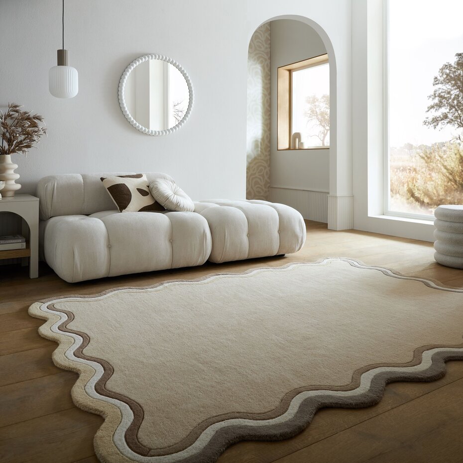 Wollen vloerkleed - Leo Scallop Border Beige/Taupe Wollen vloerkleed - Leo Scallop Border Beige/Taupe