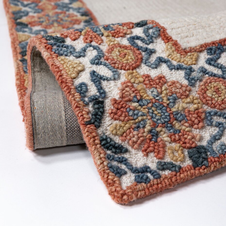 Wollen vloerkleed - Myla Floral Frame Beige/Terra