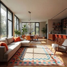 Wollen vloerkleed - Checkered Border Kleurrijk