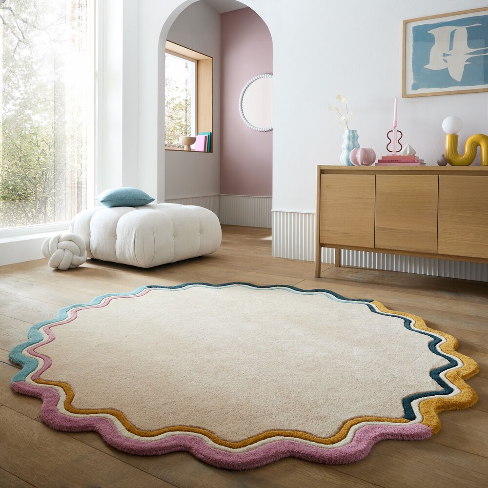 Rond wollen vloerkleed - Leo Scallop Border Creme/Multi Rond wollen vloerkleed - Leo Scallop Border Creme/Multi