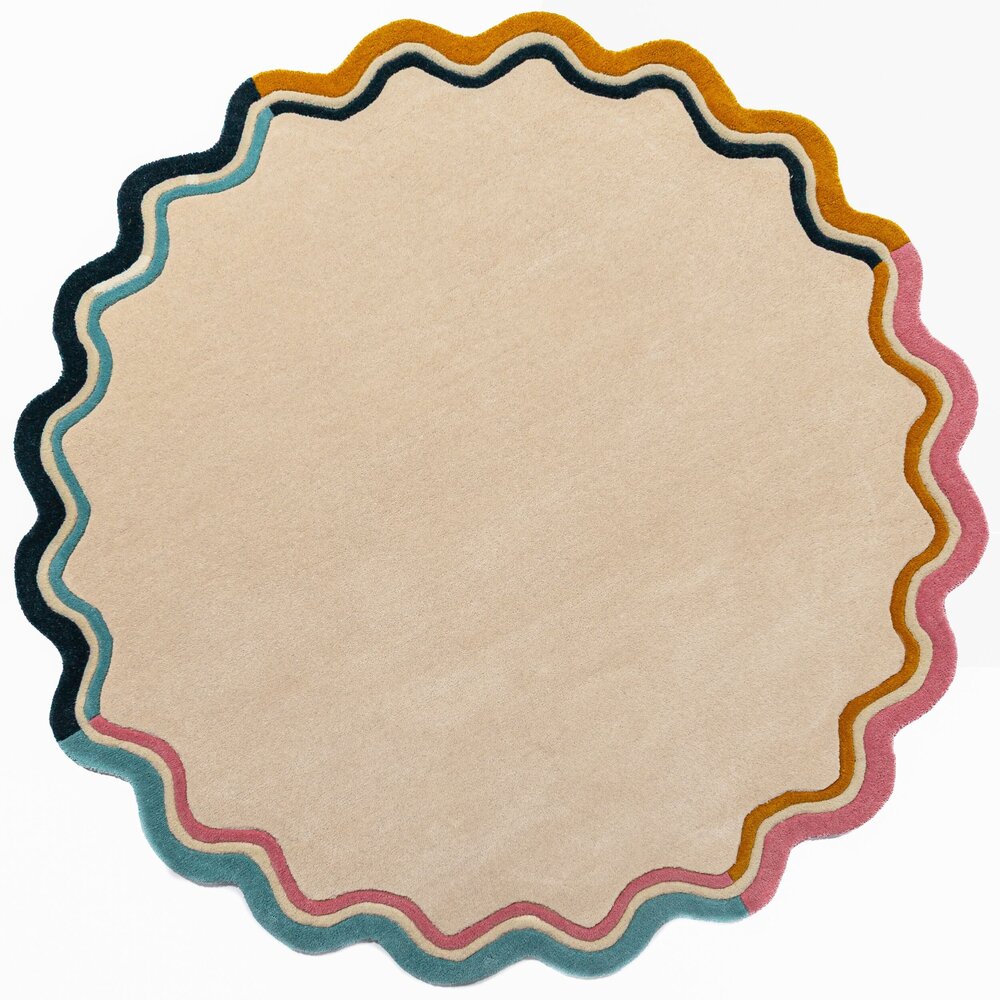 Rond wollen vloerkleed - Leo Scallop Border Creme/Multi Rond wollen vloerkleed - Leo Scallop Border Creme/Multi