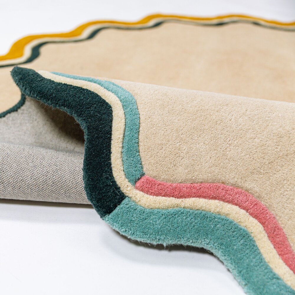 Rond wollen vloerkleed - Leo Scallop Border Creme/Multi Rond wollen vloerkleed - Leo Scallop Border Creme/Multi