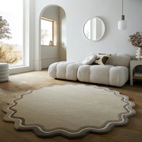 Rond wollen vloerkleed - Leo Scallop Border Beige/Taupe Rond wollen vloerkleed - Leo Scallop Border Beige/Taupe