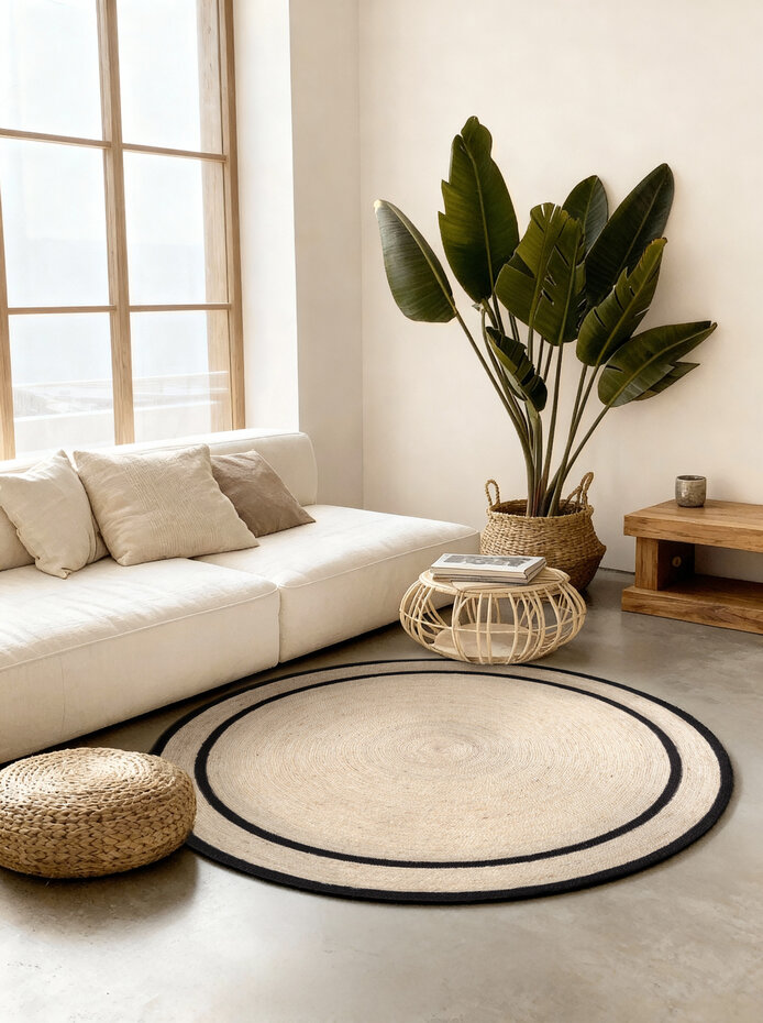 Rond jute vloerkleed - Lina Zwart/Creme