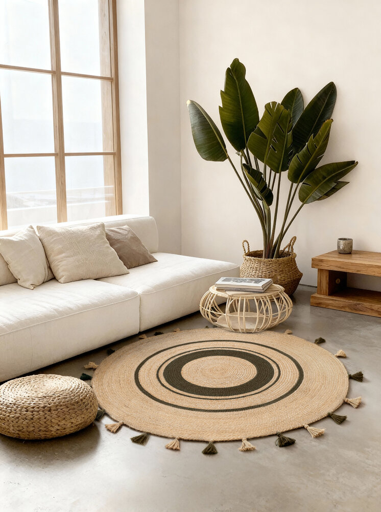 Rond jute vloerkleed - Basil Naturel/Groen Rond jute vloerkleed - Basil Naturel/Groen