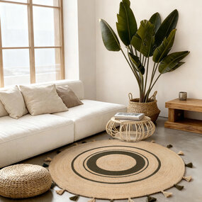 Rond jute vloerkleed - Basil Naturel/Groen Rond jute vloerkleed - Basil Naturel/Groen