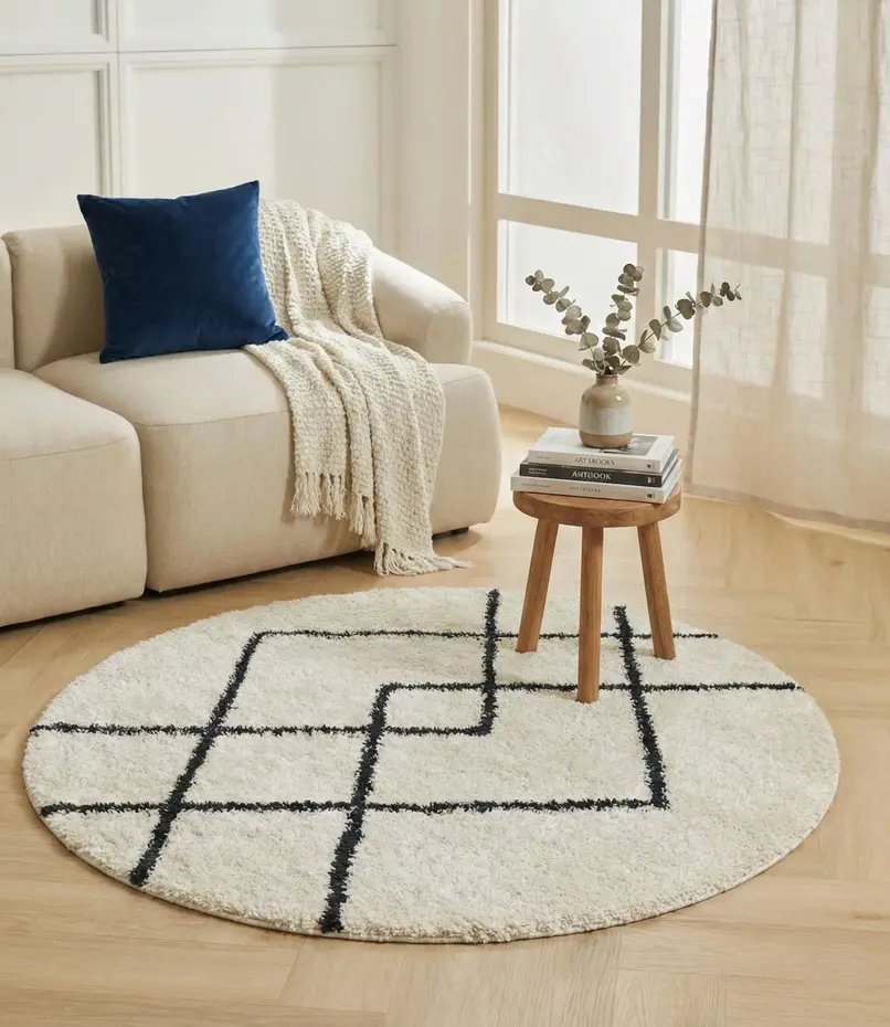 Candy Diamond Rond Hoogpolig Crème / Zwart vloerkleed - Geruit