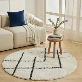Candy Diamond Rond Hoogpolig Crème / Zwart vloerkleed - Geruit