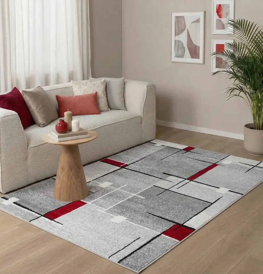 Laagpolig vloerkleed - Belos Modern Grijs/Rood Laagpolig vloerkleed - Belos Modern Grijs/Rood