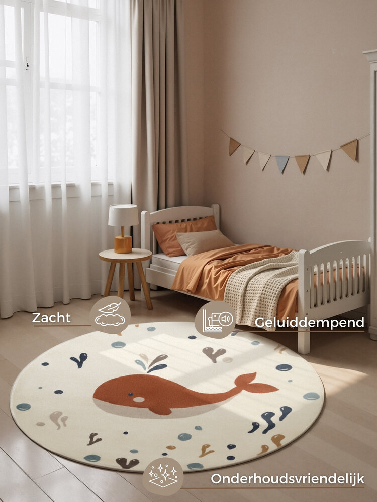Rond kindervloerkleed - Adventures Moby Creme/Kleurrijk Rond kindervloerkleed - Adventures Moby Creme/Kleurrijk