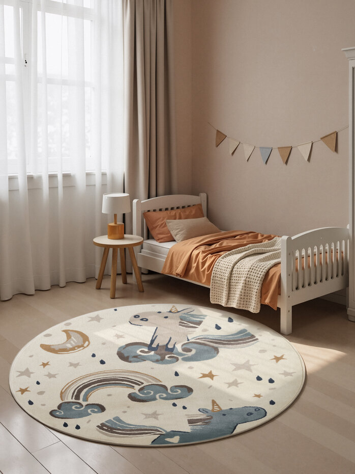 Rond kindervloerkleed - Adventures Eenhoorn Creme/Kleurrijk Rond kindervloerkleed - Adventures Eenhoorn Creme/Kleurrijk