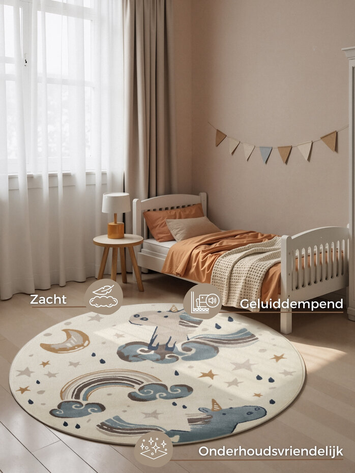 Rond kindervloerkleed - Adventures Eenhoorn Creme/Kleurrijk Rond kindervloerkleed - Adventures Eenhoorn Creme/Kleurrijk