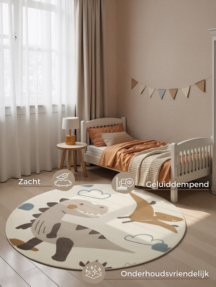 Rond kindervloerkleed - Adventures Dino Creme/Kleurrijk Rond kindervloerkleed - Adventures Dino Creme/Kleurrijk