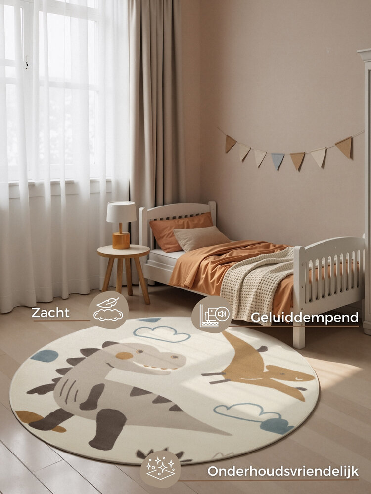 Rond kindervloerkleed - Adventures Dino Creme/Kleurrijk Rond kindervloerkleed - Adventures Dino Creme/Kleurrijk