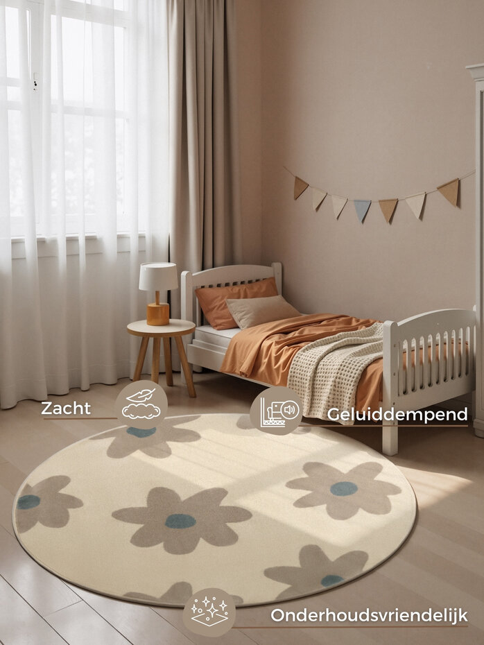 Rond kindervloerkleed - Adventures Bloomy Creme/Kleurrijk Rond kindervloerkleed - Adventures Bloomy Creme/Kleurrijk