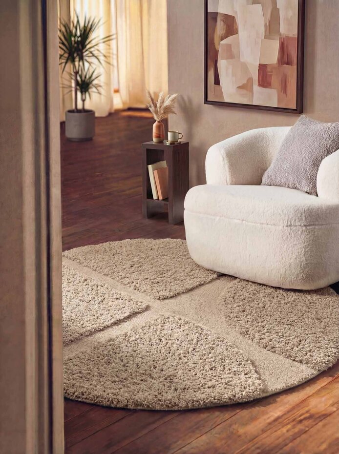 Rond geometrisch hoogpolig vloerkleed - Lambeth Beige Rond geometrisch hoogpolig vloerkleed - Lambeth Beige
