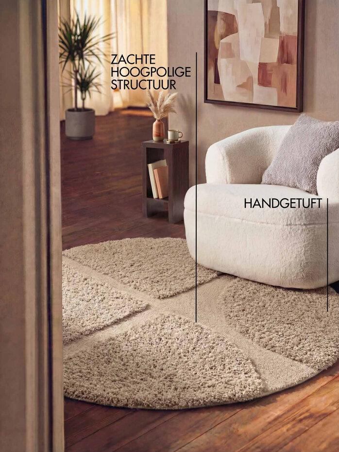 Rond geometrisch hoogpolig vloerkleed - Lambeth Beige Rond geometrisch hoogpolig vloerkleed - Lambeth Beige