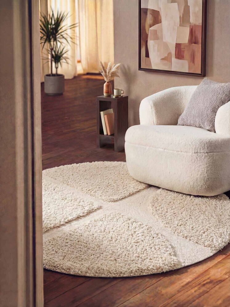 Rond geometrisch hoogpolig vloerkleed - Lambeth Creme Rond geometrisch hoogpolig vloerkleed - Lambeth Creme
