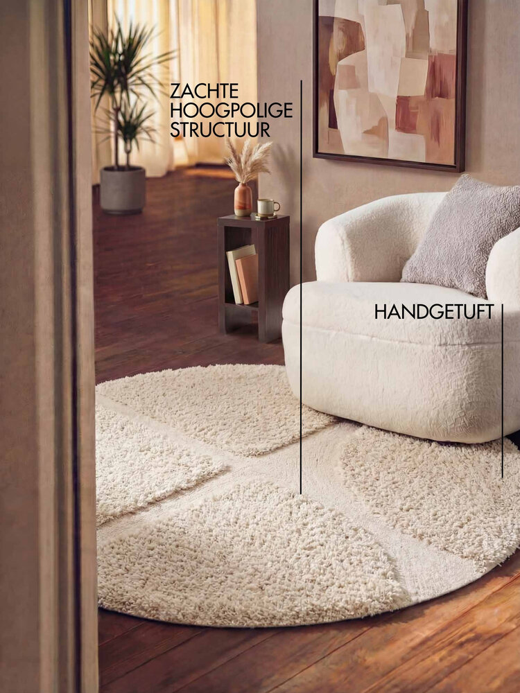 Rond geometrisch hoogpolig vloerkleed - Lambeth Creme Rond geometrisch hoogpolig vloerkleed - Lambeth Creme